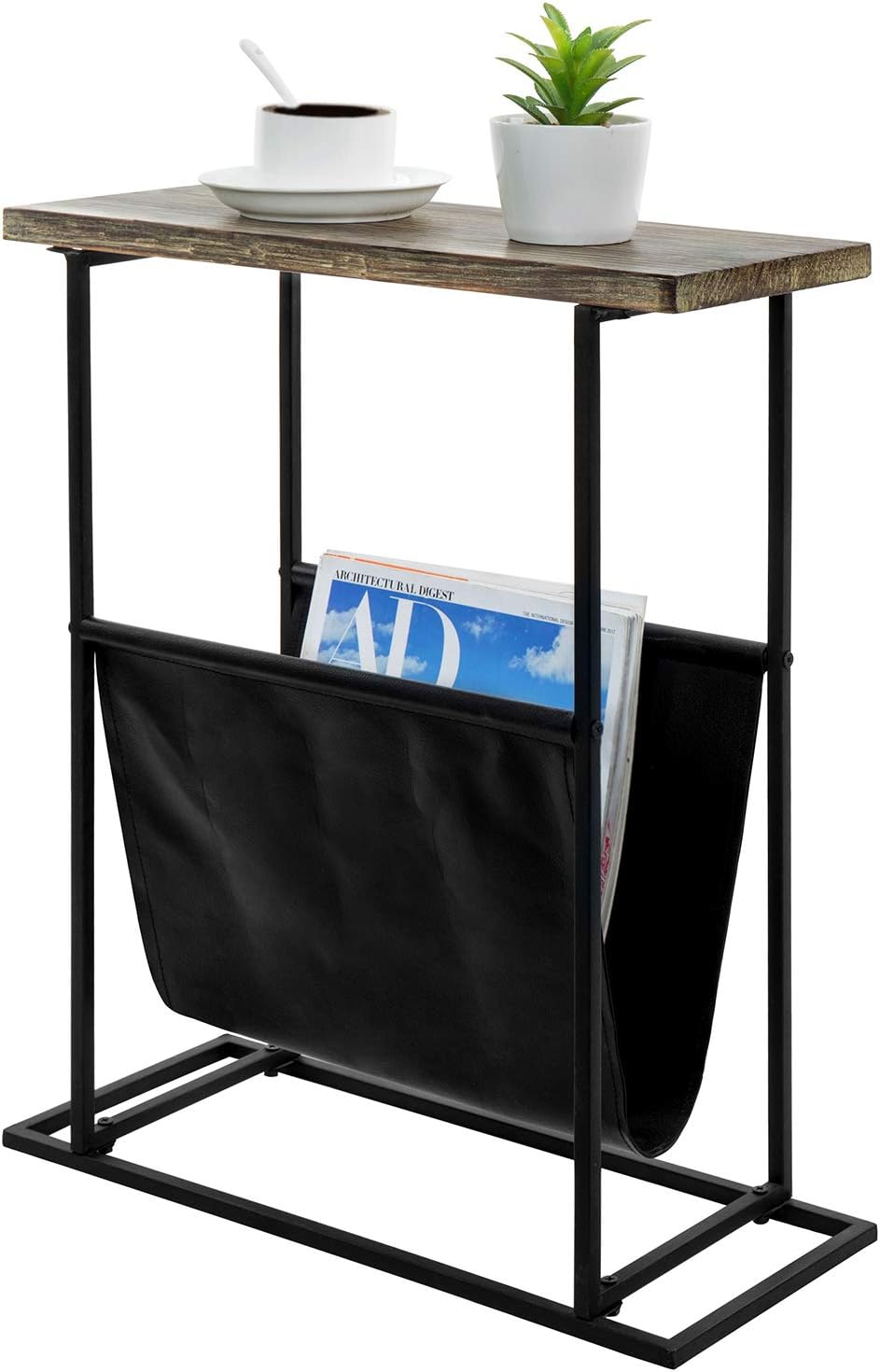 MyGift 21-Inch Modern Narrow Living Room End Table with Hand Torched Solid Wood Tabletop and Black Metal Frame, Bedroom Nightstand Side Table with Magazine Holder Sling