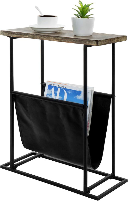MyGift 21-Inch Modern Narrow Living Room End Table with Hand Torched Solid Wood Tabletop and Black Metal Frame, Bedroom Nightstand Side Table with Magazine Holder Sling