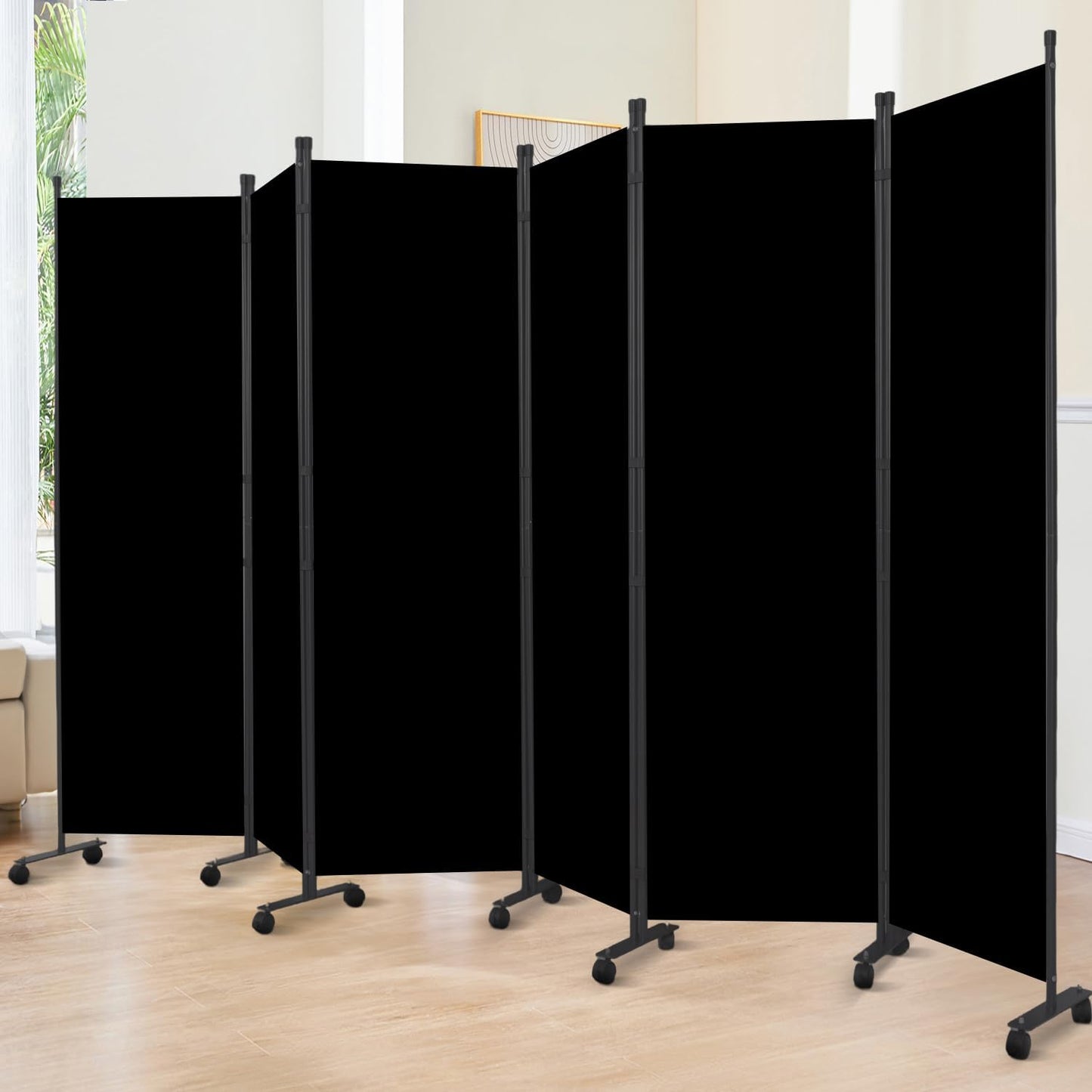 Room Divider 6FT Room Partition with Lockable Wheels, 6 Panel (Thicked Metal Base) Room Dividers, Freestanding Indoor Folding Privacy Screens, Portable Fabric Wall Divider for Room Separation, Black