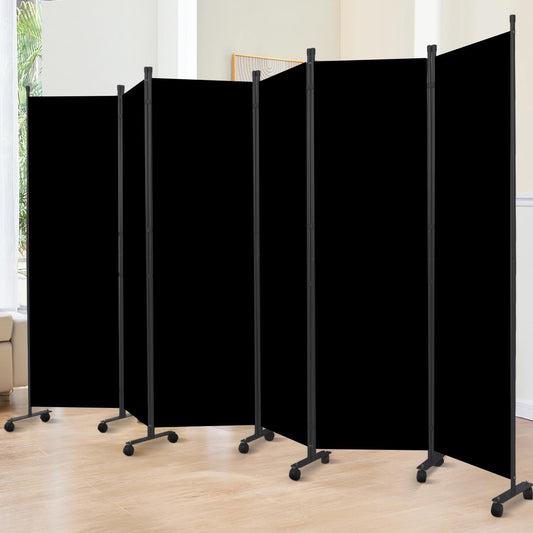 Room Divider 6FT Room Partition with Lockable Wheels, 6 Panel (Thicked Metal Base) Room Dividers, Freestanding Indoor Folding Privacy Screens, Portable Fabric Wall Divider for Room Separation, Black