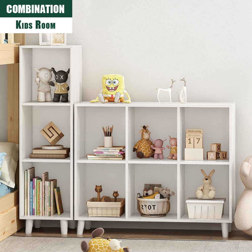 IOTXY Open Cube Low Bookcase - 3-Tier Freestanding Storage Display Cabinet Organizer with Legs for Home Office, 3-Cubes Open Shelf Short Bookshelf, White