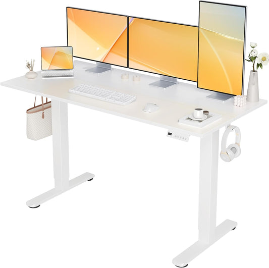 Seang Electric Standing Desk Adjustable Height, 55 x 24 Inch Sit Stand Desk with T-Shaped Frame, 3 Memory Presets & Cable Management for Home Office Computer Workstation, White Frame/White Top