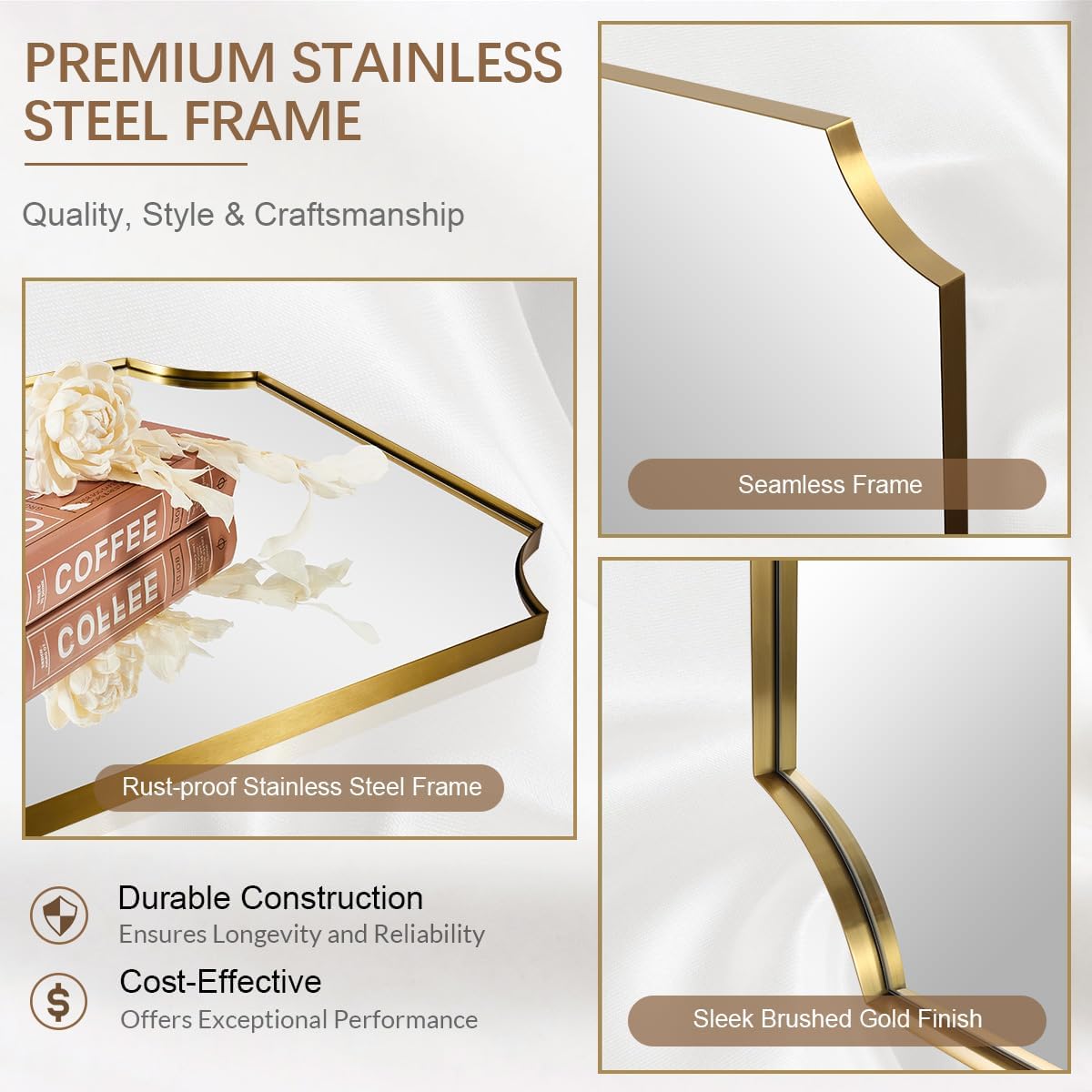 ANDY STAR Brushed Gold Rectangle Mirror, 24x36 Inch Scalloped Bathroom Mirror, Unique Rectangular Mirror with Scalloped Design, Anti-Rust Stainless Steel Frame Deep 1"