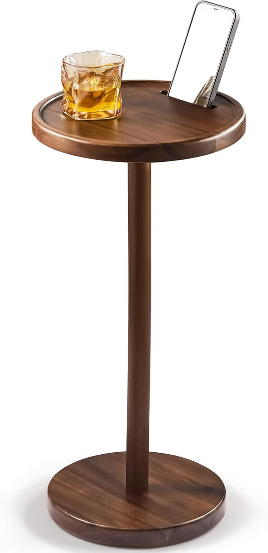 Drink Table, 24.4" Tall Compact Side Table with Phone Slot and Weighted Base, Durable Pedestal Table Accent for Living Room (Flat, Walnut)