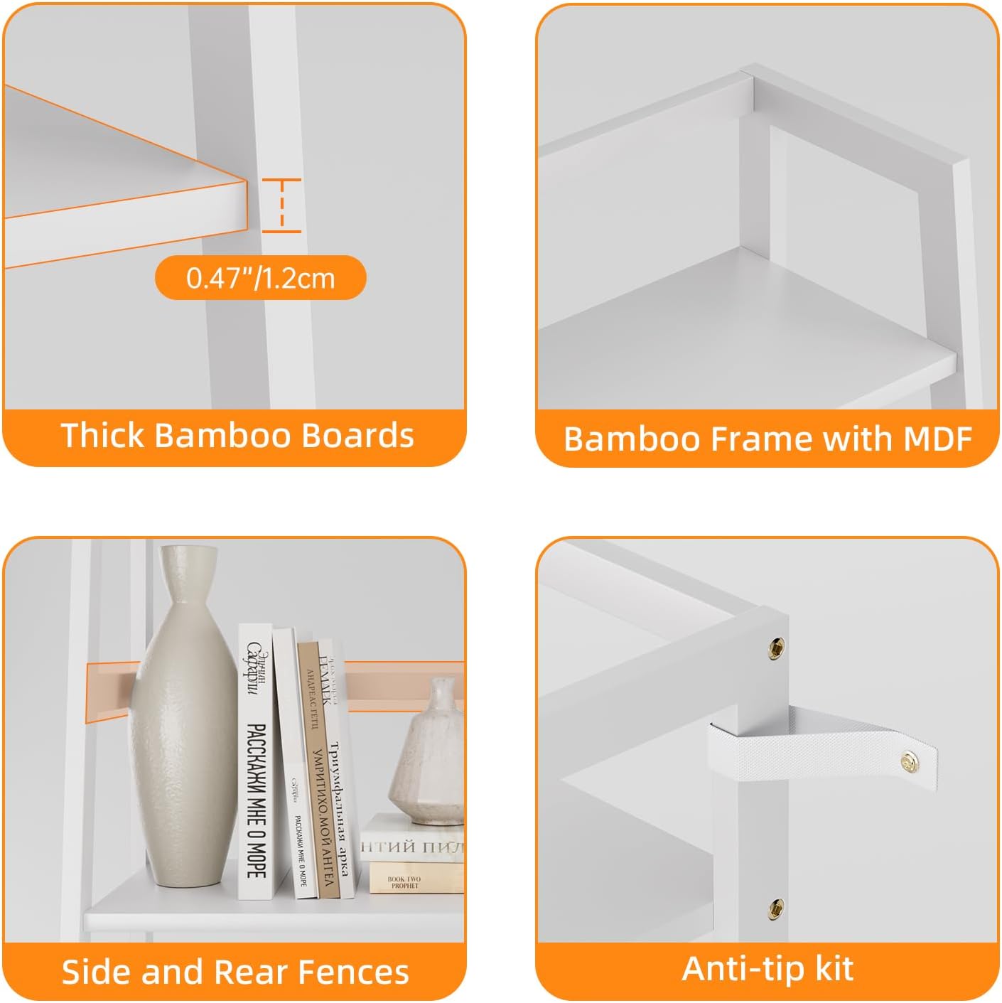 HITNET Ladder Shelf, 4 Tier Bookshelf, Floor Standing Bathroom Storage Rack with Bamboo Frame, Home Office Open Display Bookcase, White