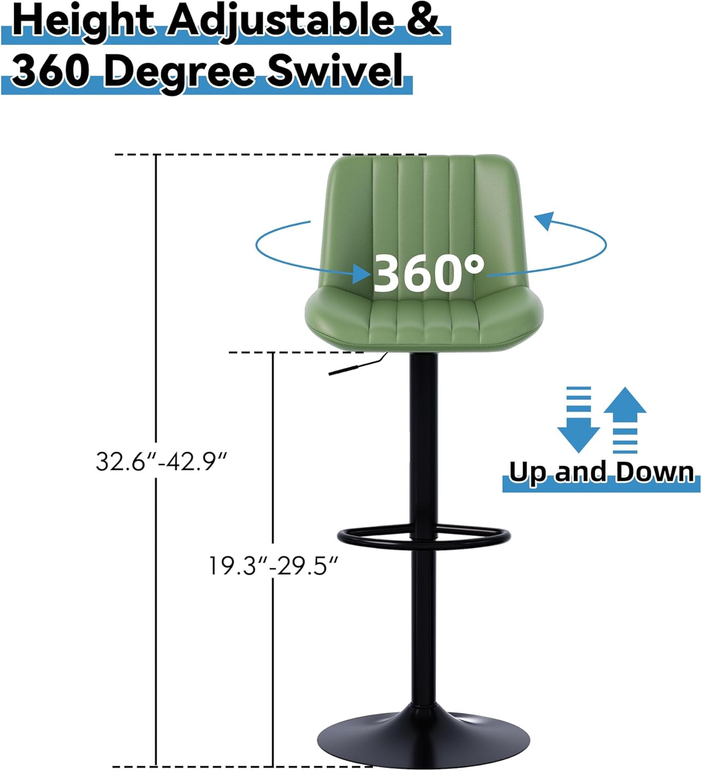 Shintenchi Swivel Bar Stools Set of 4, Adjustable Faux Leather Upholstered Swivel Counter Stools, Armless Bar Height Island Chairs with Back and Footrest, Green