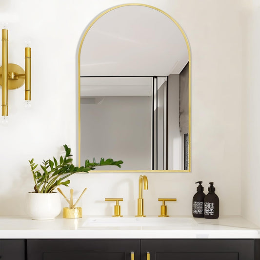 24" x 32" Gold Arched Mirror, Arch Wall Mirror, Metal Frame Black Bathroom Mirror, Arched Top Bathroom Vanity Mirror for Living Room, Bedroom, Entryway, Tempered Glass, Shatter Proof