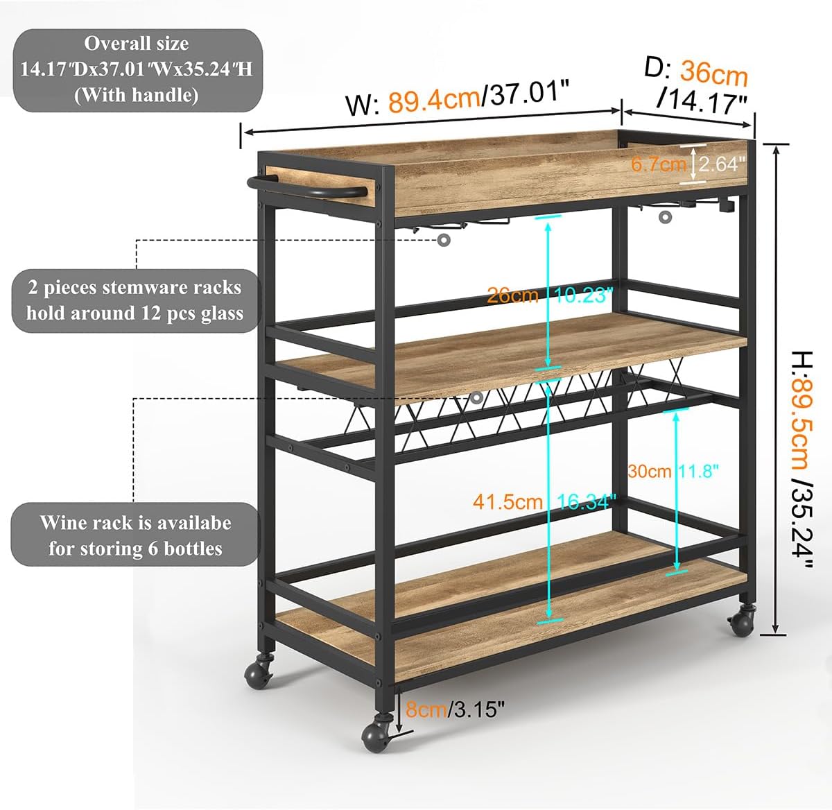 BON AUGURE Bar Cart for The Home, Bar Serving Carts on Wheels, 3 Tier Storage Drink Trolley, Rolling Wood and Metal Liquor Beverage Cart (Vintage Oak)