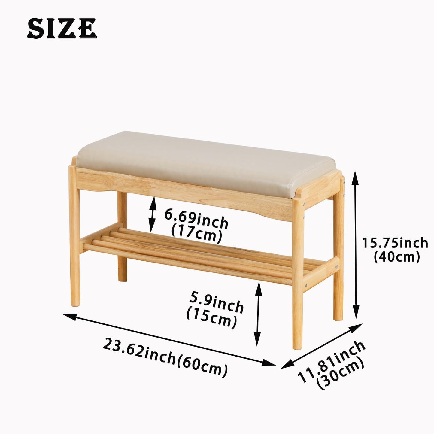 latifolia Small Shoe Bench, Solid Wood Bench with Cushion, 2 Tier Shoe Storage Organizer for Entryway(Nature,23.62''L)