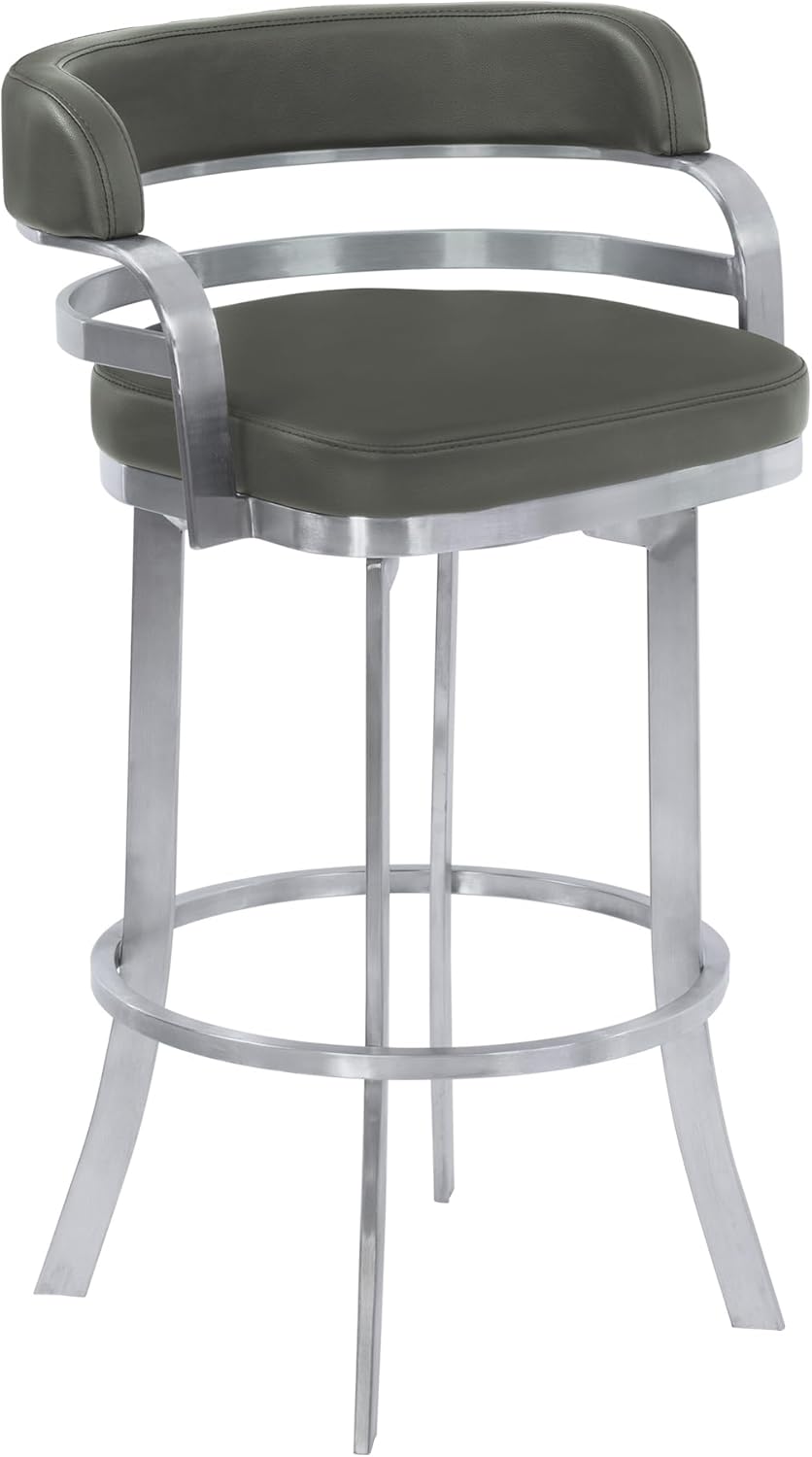 Armen Living Prinz 30" Bar Height Swivel Barstool in Grey Faux Leather and Brushed Stainless Steel Finish