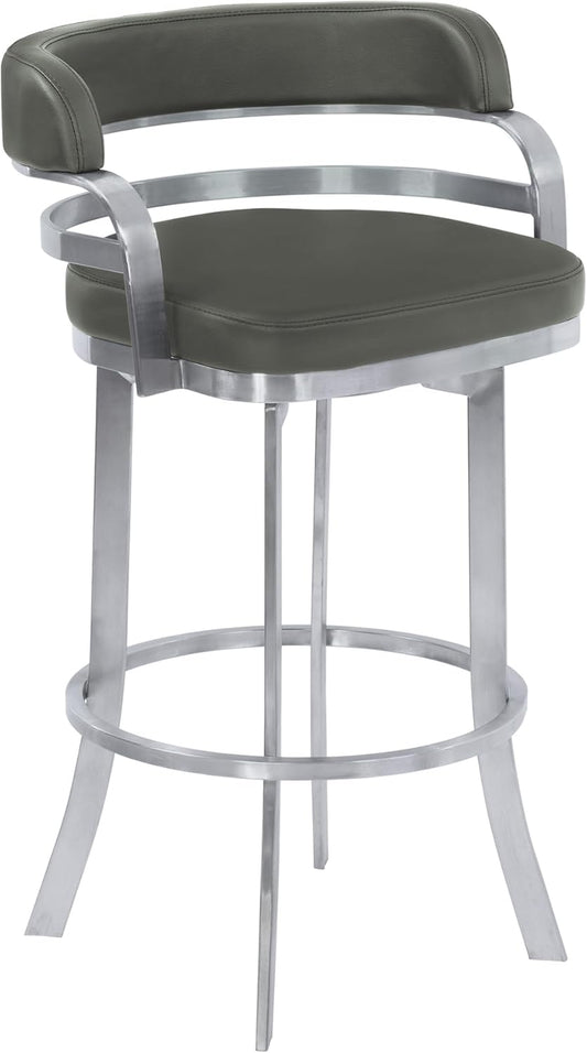 Armen Living Prinz 30" Bar Height Swivel Barstool in Grey Faux Leather and Brushed Stainless Steel Finish