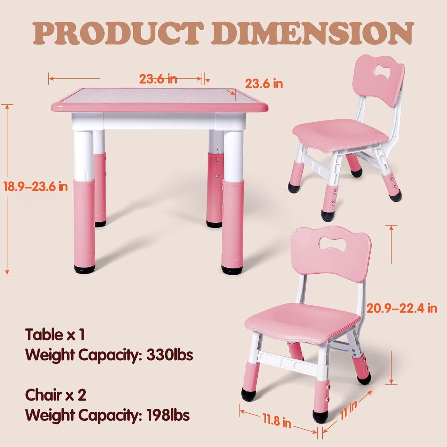 Kids Table and 2 Chairs Set, Height Adjustable Toddler Study Table and Chair Set, Kid Size for Ages 3-8 Children, Graffiti Desktop, Easy to Wipe/Arts & Crafts, Homes/Classrooms/Daycare (Pink)