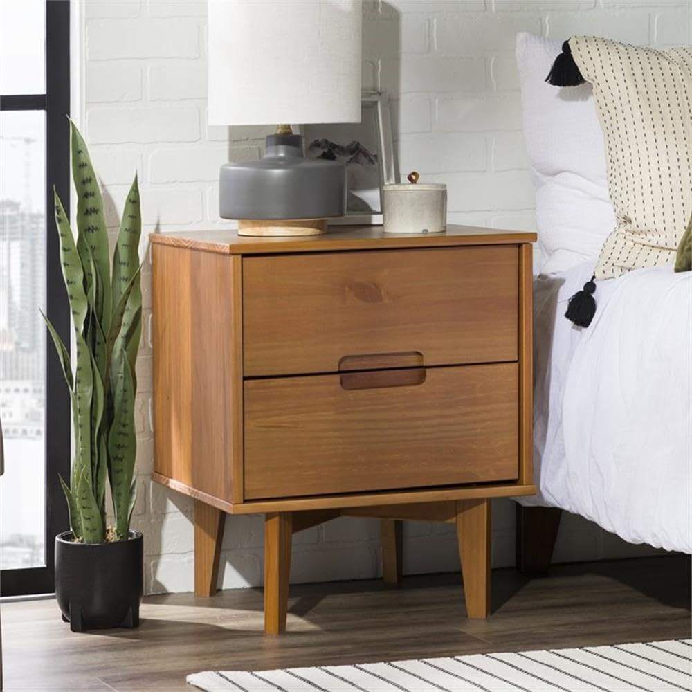 Walker Edison Mid Century Modern Grooved Handle Wood Nightstand Side Table Bedroom Storage Drawer and Shelf Bedside End Table, 2 Drawer, Caramel