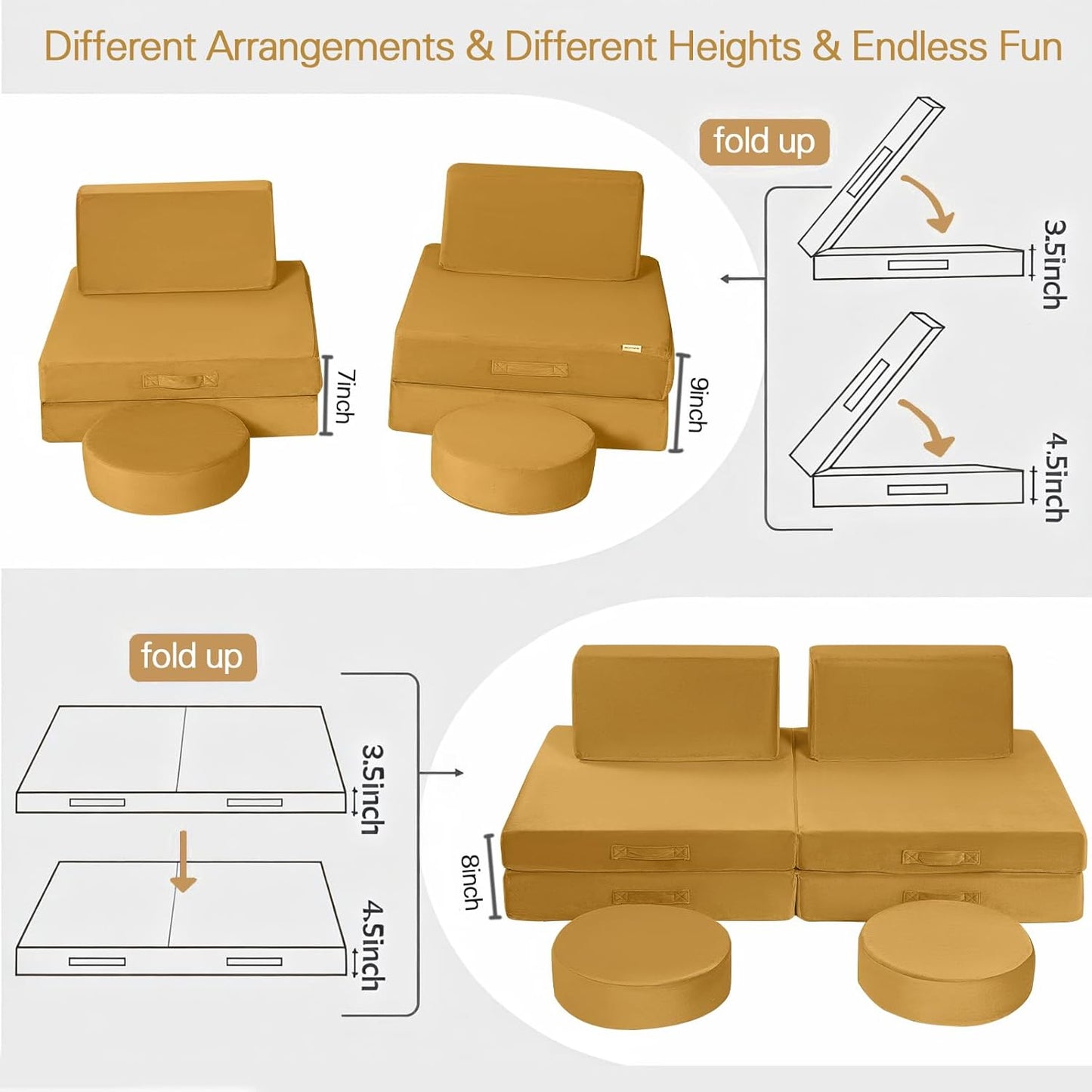MeMoreCool Modular Kids Couch Sofa, Mustard 8-Piece Convertible Foam Play Couch Set for Toddlers and Playroom