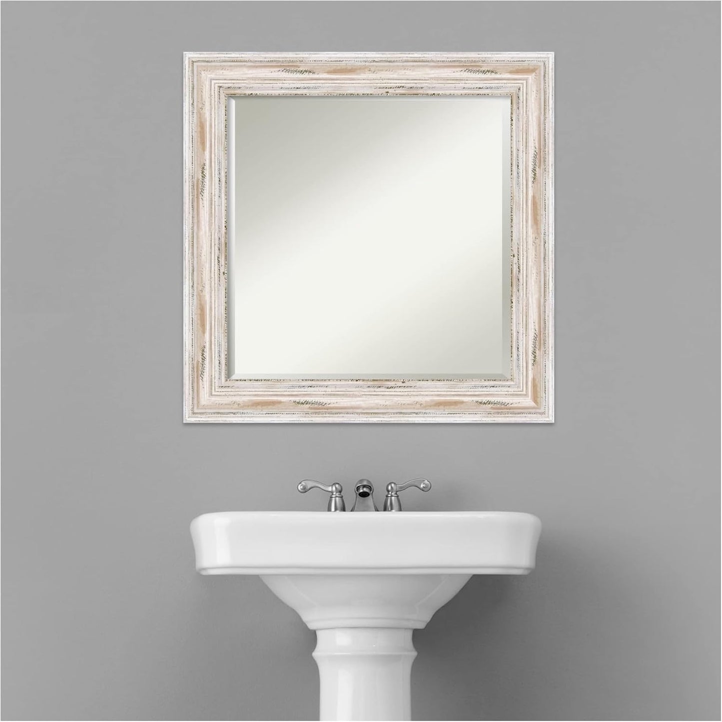 Amanti Art White Bathroom Mirror for Over Sink, 25x25 Alexandria White Wash Square Vanity Mirror, Medium Coastal Wood Frame, Hangs Horizonally and Vertically, Bathroom Wall Decor, Beveled Edge from WI