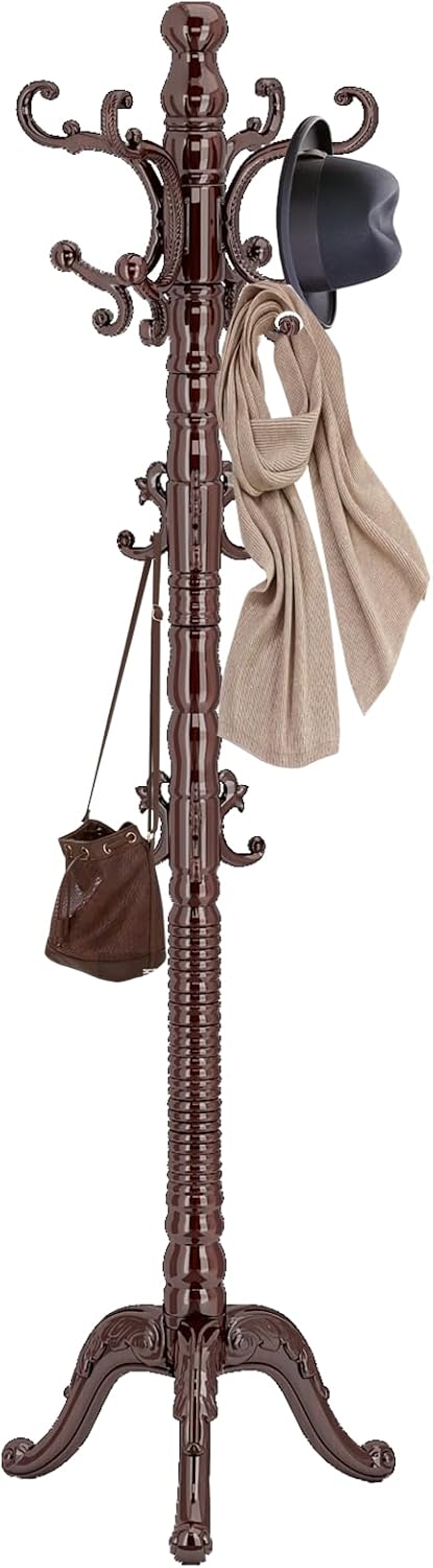 Wood Coat Rack Stand, Classic Wooden Coat Rack Freestanding with Sturdy Triangle Base, Vintage Coat Racks with 14 Hooks, Natural Birch Wood Entryway Corner Office Coat Hall Tree Hanger Stand