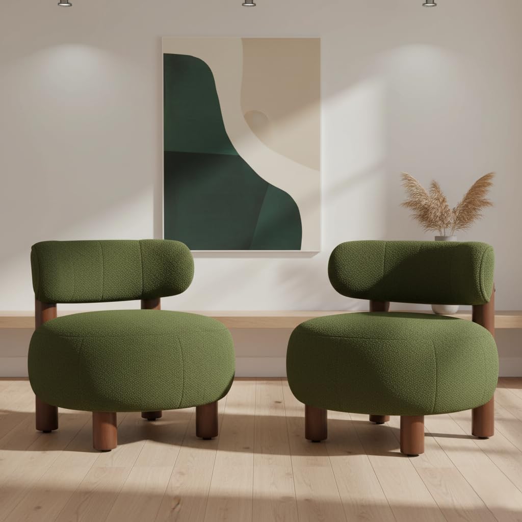Modern Boucle Accent Chair Set of 2, with Plush Faux Sherpa Upholstery, Curved Backrest, Solid Wood Legs for Living Room Bedroom Reading Nook, 27.5", Green
