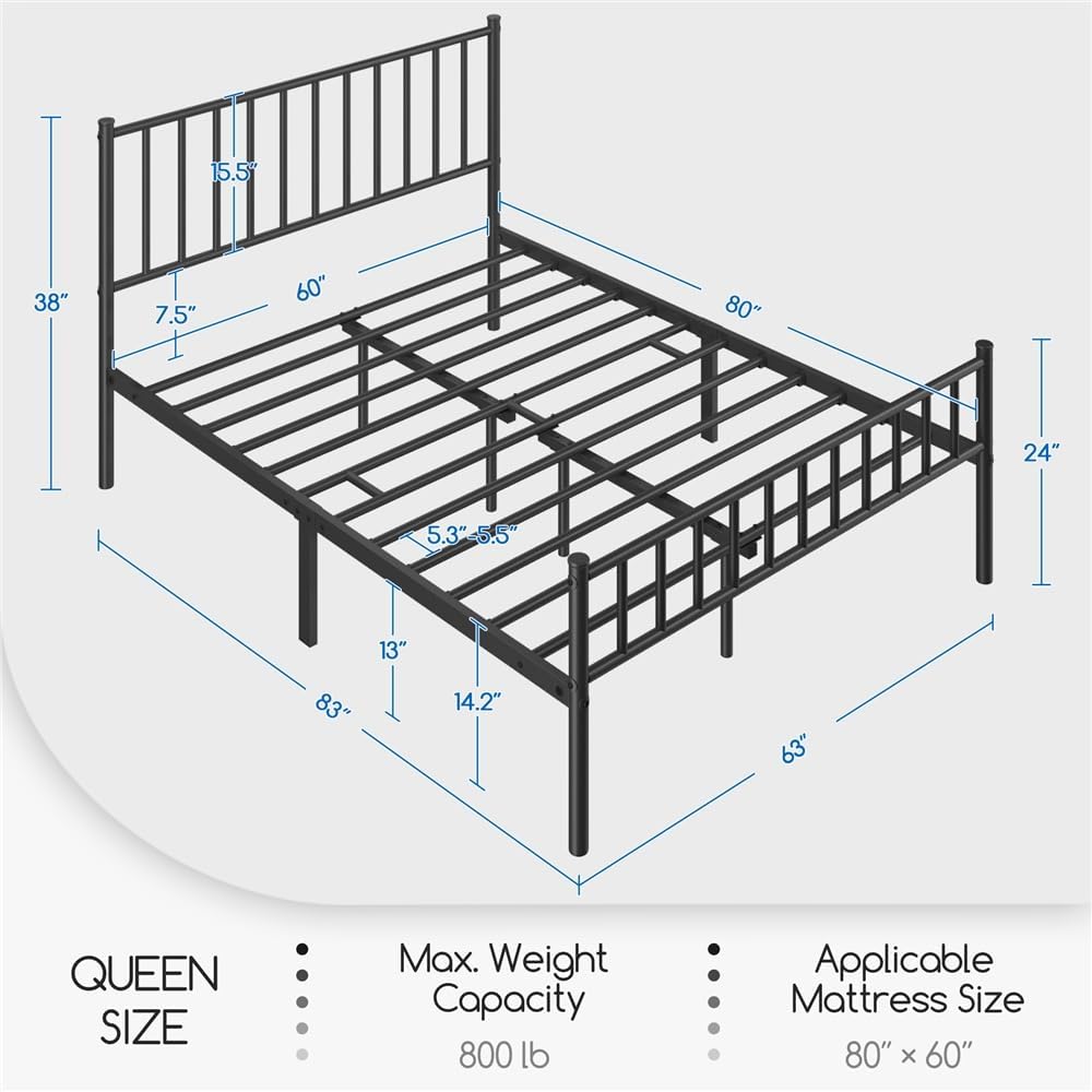 Yaheetech 14 Inch Queen Size Bed Frame Metal Platform Bed with Spindle Headboard Footboard/Mattress Foundation/No Box Spring Needed/Underbed Storage Space/Steel Slat Support/Easy Set up, Black