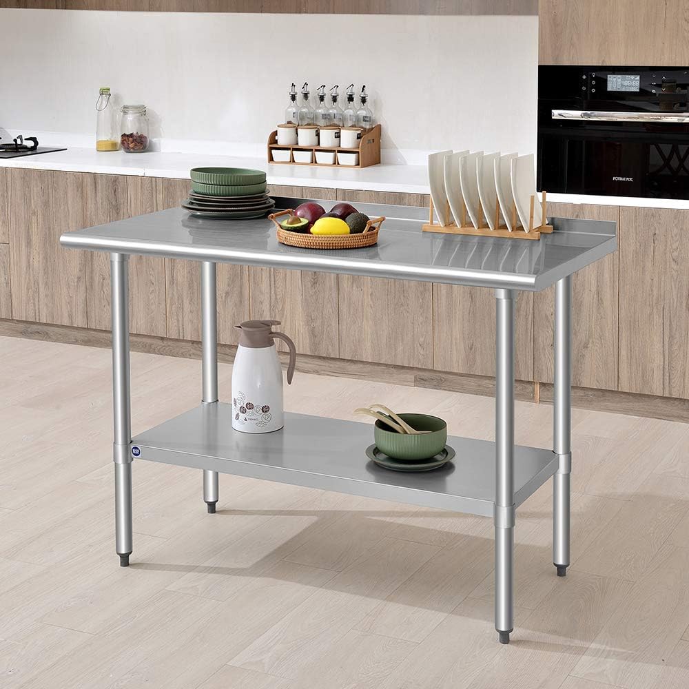 ROCKPOINT Stainless Steel Table for Prep & Work with Backsplash 24x48 Inches, NSF Metal Commercial Kitchen Heavy Duty Table with Adjustable Under Shelf and Table Foot for Restaurant, Home and Hotel