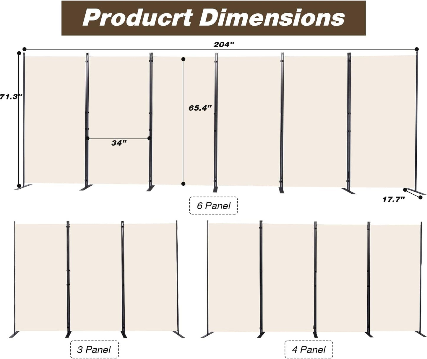 Room Divider, 6 Panel Folding Privacy Screens with Wider Support Feet, 6 Ft Portable Room Partition for Room Separator, 204" W X 71" H, Beige