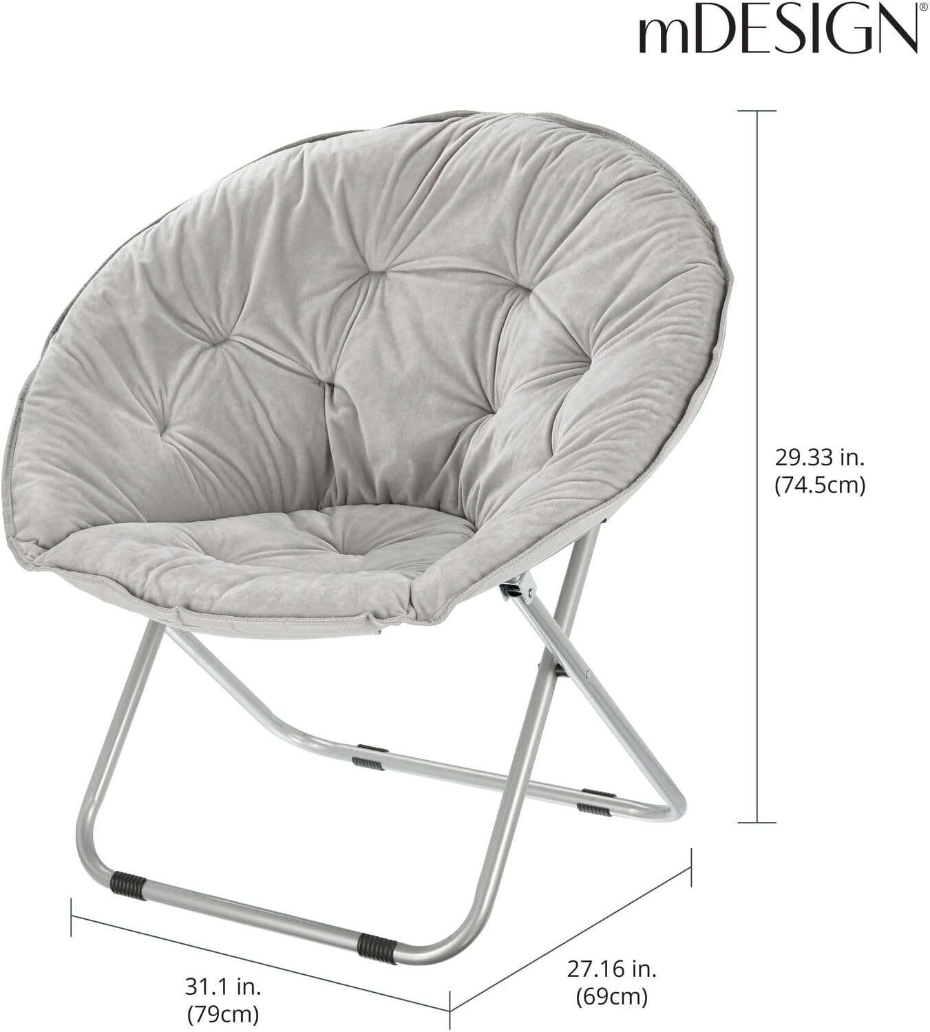mDesign Urban Papasan Folding Moon Chair - Large Saucer UFO Chair with Collapsible Metal Frame - Fuzzy Foldable Dish Seat for Home Office, Living Room, Dorm Room, and Bedroom - Gray/Silver
