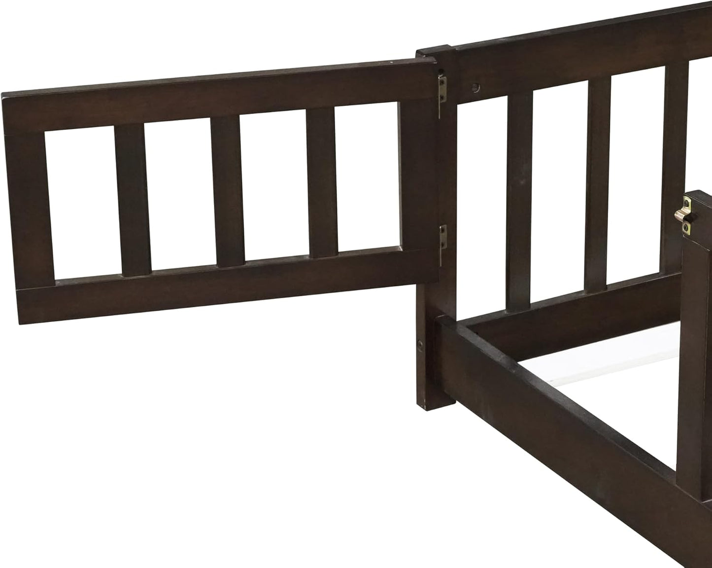 Queen Size Floor Bed Frame with Slats and Safety Guardrail, Wood Queen Size Montessori Floor Bed with Door and Fence, Easy Assemble Montessori Beds for Kids, Girls, Boys, Espresso