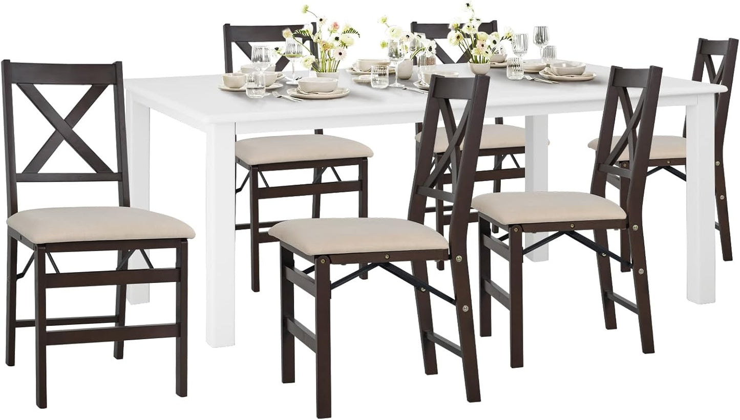 COLAMY 60 Inch Rectangular Kitchen Dining Table for 6, Modern Farmhouse Dining Table Set for 6, Wood Dining Table and Folding Dining Chairs for Kitchen, Dining Room, Restaurant, White/Beige