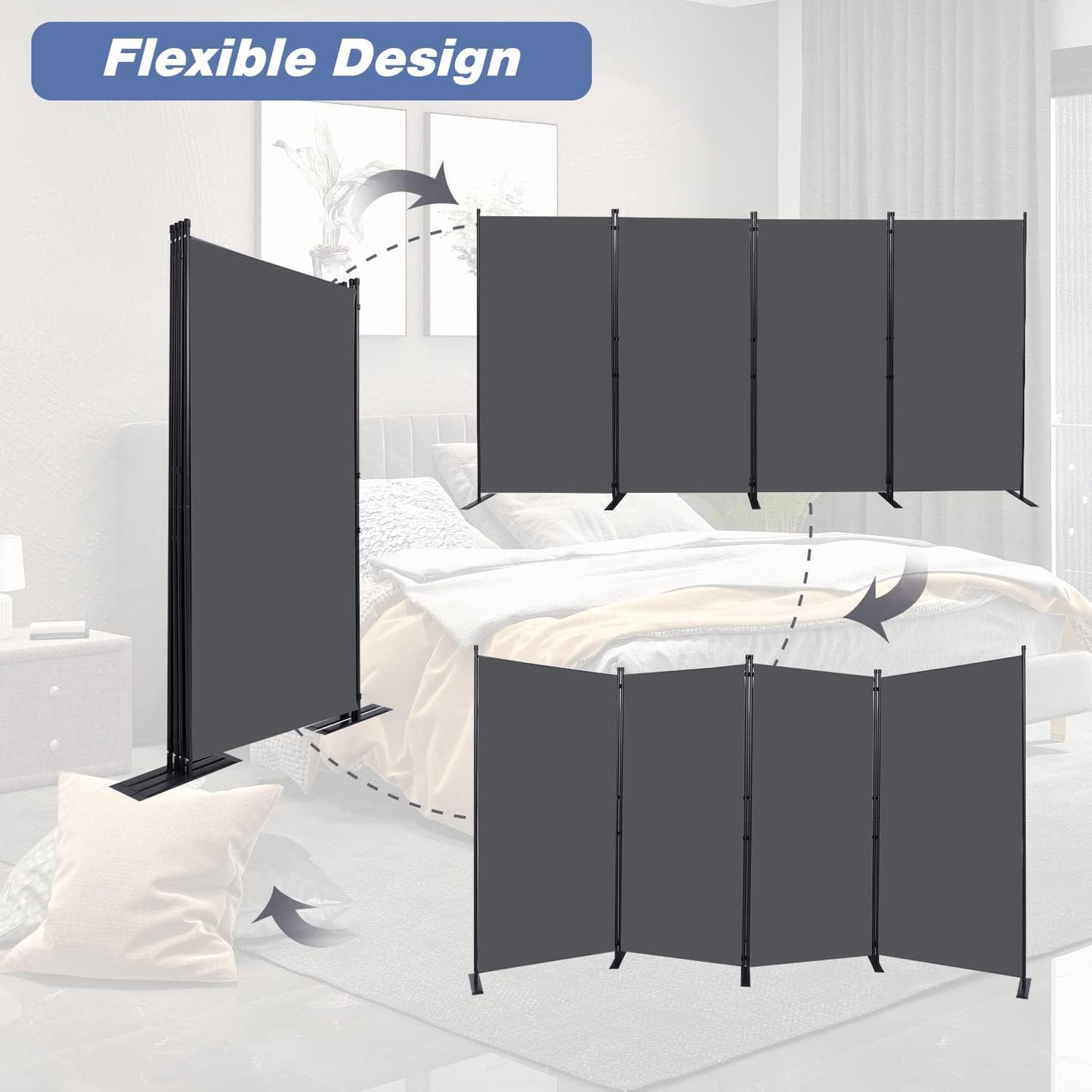 Room Divider, 4 Panel Folding Privacy Screens with Wider Support Feet, 6 Ft Portable Room Partition for Room Separator, 136" W X 71" H,Grey