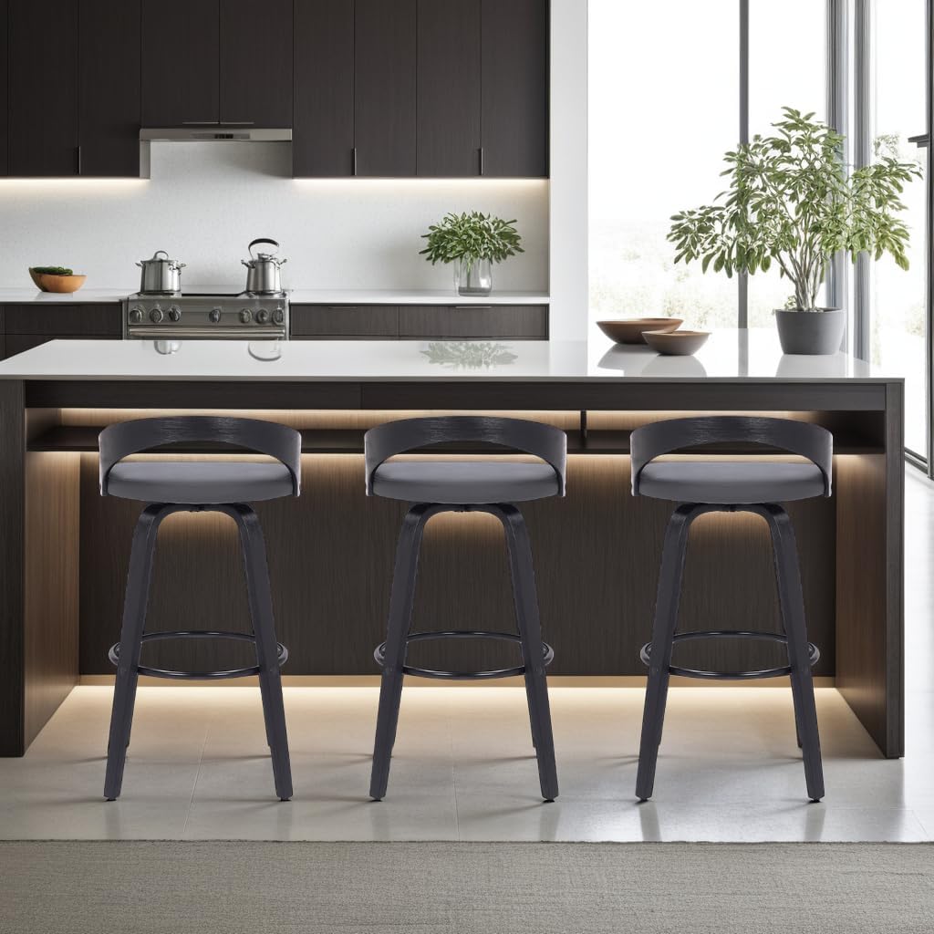 Armen Living Sonia 26" Counter Height Swivel Gray Faux Leather and Black Wood Bar Stool