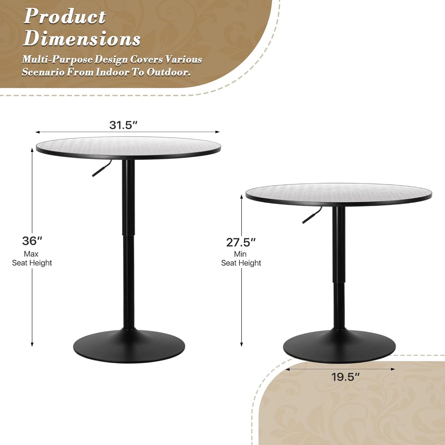 Athena Collection Modern Bar Table Round Top Height Adjustable, Tall Bistro Pub Cocktail Table Height Top and Sturdy Base, Suitable for Home Kitchen Pub Restaurant Outdoor, Silver