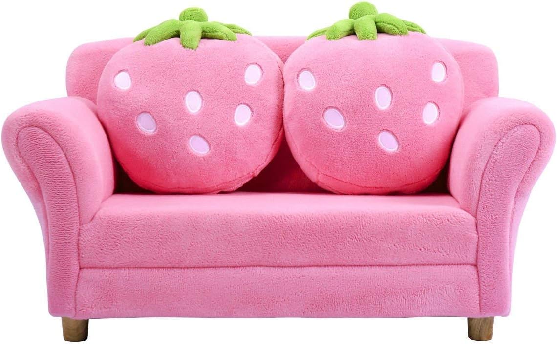 Costzon Kids Couch, Double Seat Pink Children's Sofa with 2 Strawberry Pillows, Toddler Armrest Chair for Bedroom, Living Room, Large Soft for Kids Loveseat Toy for Baby Girls Preschool Gifts Presents