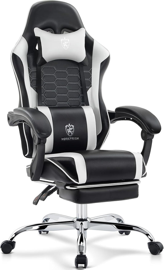 Gaming Chair,Computer Office Chair with Footrest,Massage Lumbar Support and Gel Pad,Ergonomic Reclining Adjustable Leather Gamer Chair with Headrest and Spring Cushion Black White
