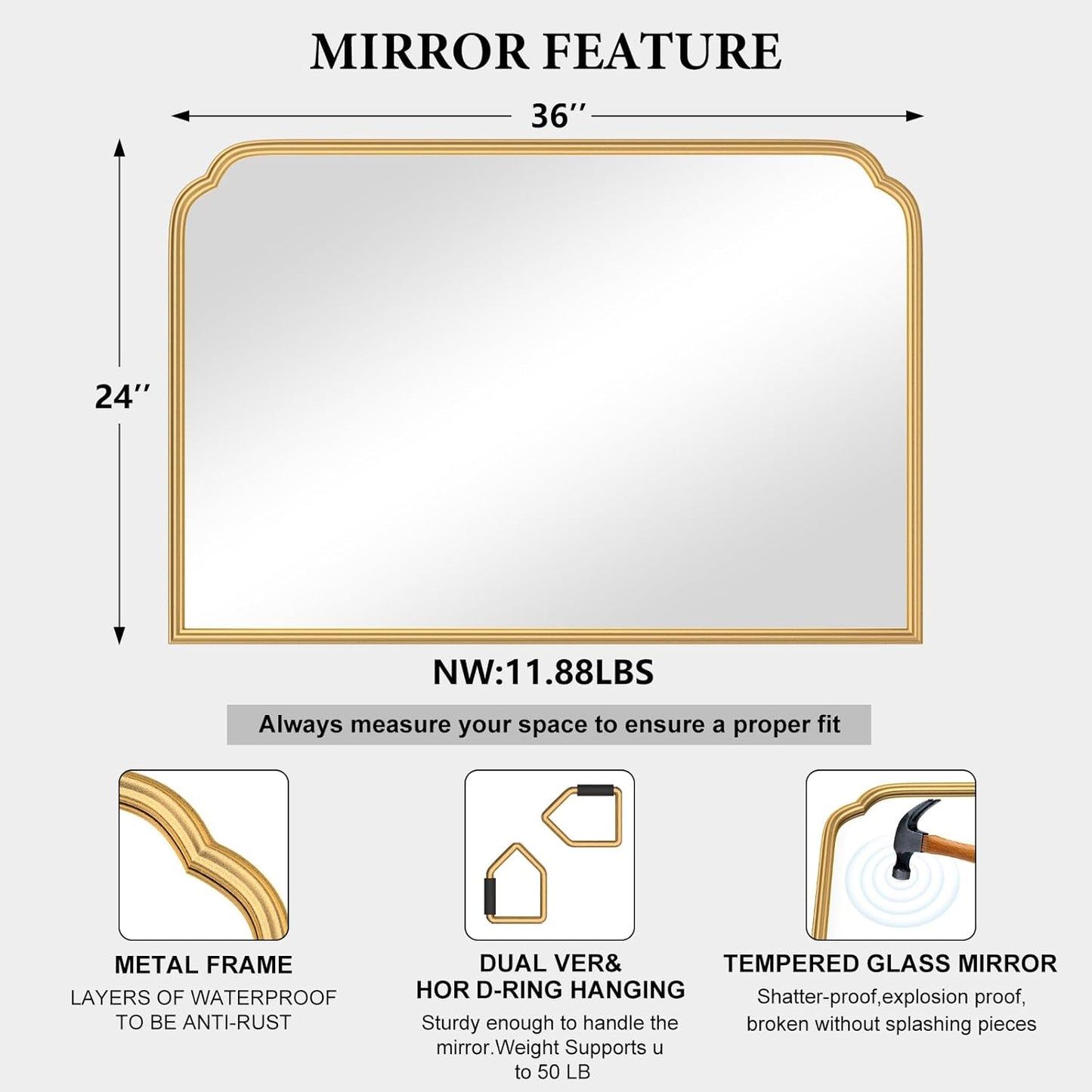 36X24 Inch Gold Bathroom Vanity Mirror for Over Sink, Modern Rounded Corner Fireplace Decor Mirror with Non-Rusting Iron Metal Framed