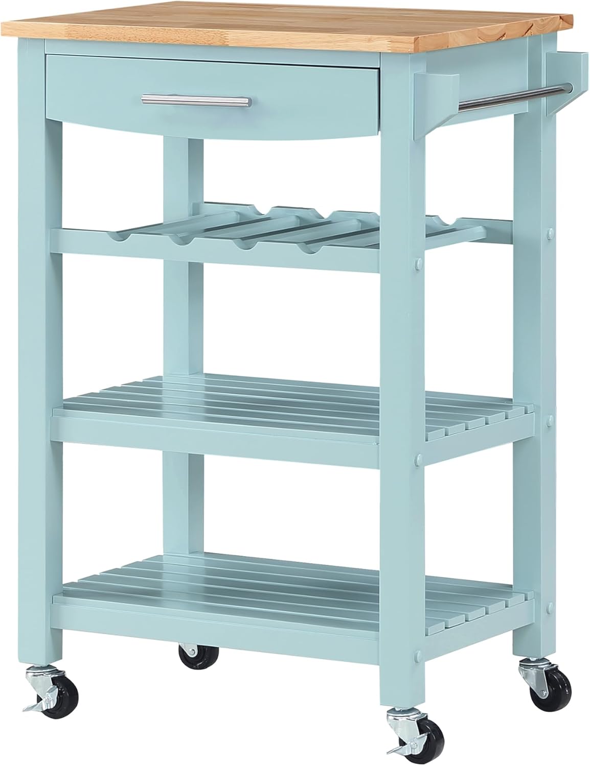 Convenience Concepts Ellaine Butcher Block Kitchen Cart 24.75" - 4 Tier Kitchen Island with Storage Drawer, Dining Room Wine Rack on Wheels, Coffee Station Table, Mobile Utility Trolley, Sea Foam