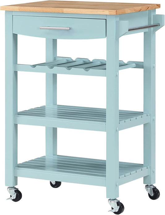 Convenience Concepts Ellaine Butcher Block Kitchen Cart 24.75" - 4 Tier Kitchen Island with Storage Drawer, Dining Room Wine Rack on Wheels, Coffee Station Table, Mobile Utility Trolley, Sea Foam