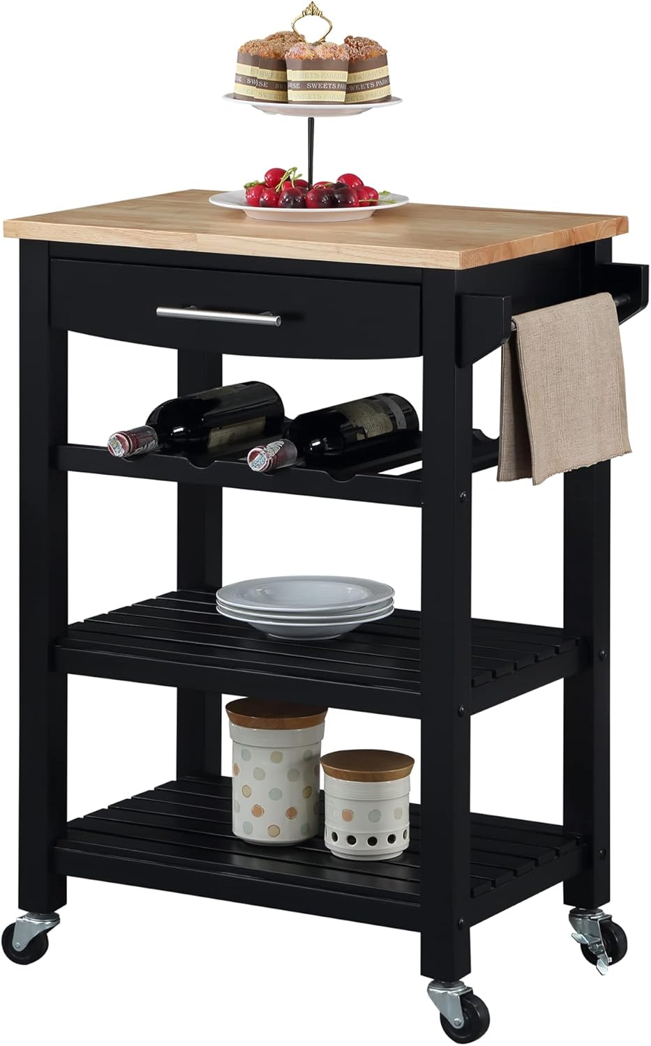 Convenience Concepts Ellaine 4 Tier Kitchen Cart with Drawer and Wine Rack, 24.75", Black/Butcher Block