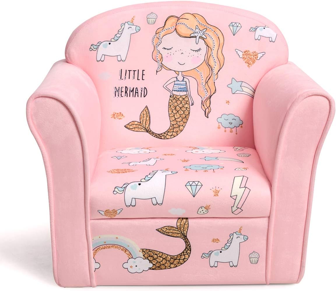 Costzon Kids Couch, Children's Sofa Armrest Chair with Pattern, Toddler Furniture w/Sturdy Wood Construction, Preschool, Lightweight Kids Couch Sofa Chair for Aged 1-5 Boys & Girls Gifts, Mermaid