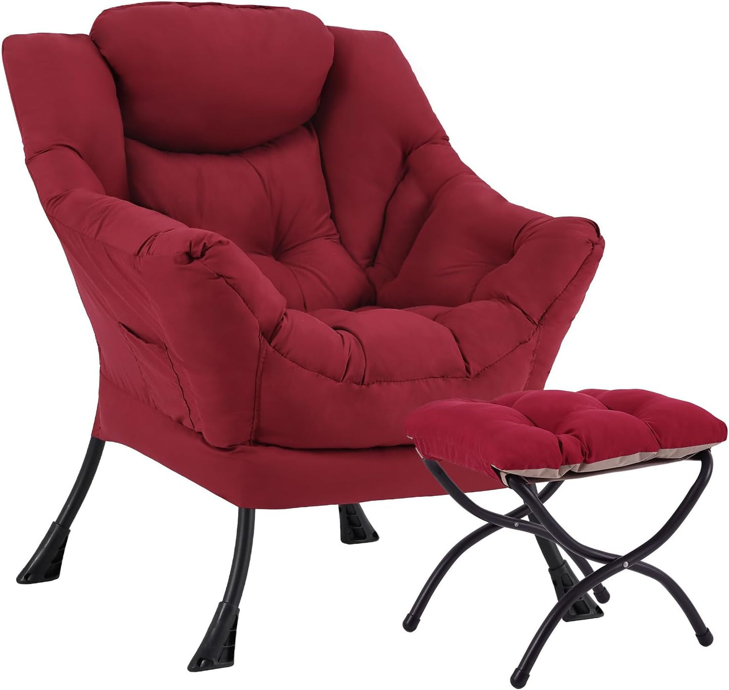 Lazy Chair with Ottoman, Large Modern Lounge Accent Chair with Armrests and Footrest, Reading Armchair with Ottoman, Leisure Sofa Chair for Living Room, Bedroom, Dorm Room, Office（Burgundy）
