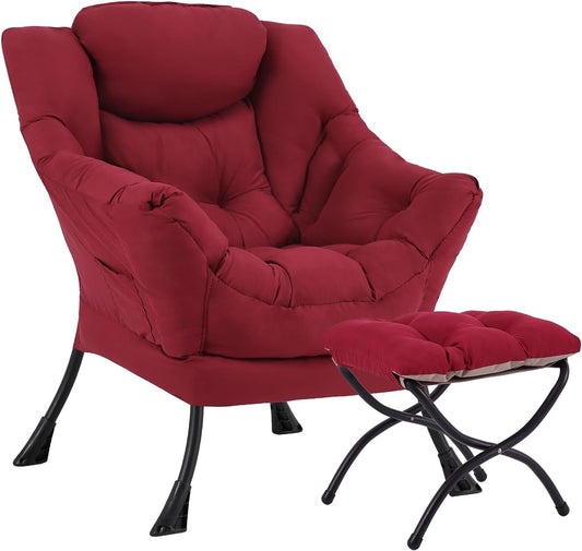 Lazy Chair with Ottoman, Large Modern Lounge Accent Chair with Armrests and Footrest, Reading Armchair with Ottoman, Leisure Sofa Chair for Living Room, Bedroom, Dorm Room, Office（Burgundy）