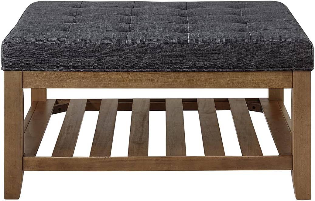 24KF Large Square Upholstered Tufted Linen Ottoman Coffee Table, Large Footrest Ottoman with Solid Wood Shelf- Charcoal