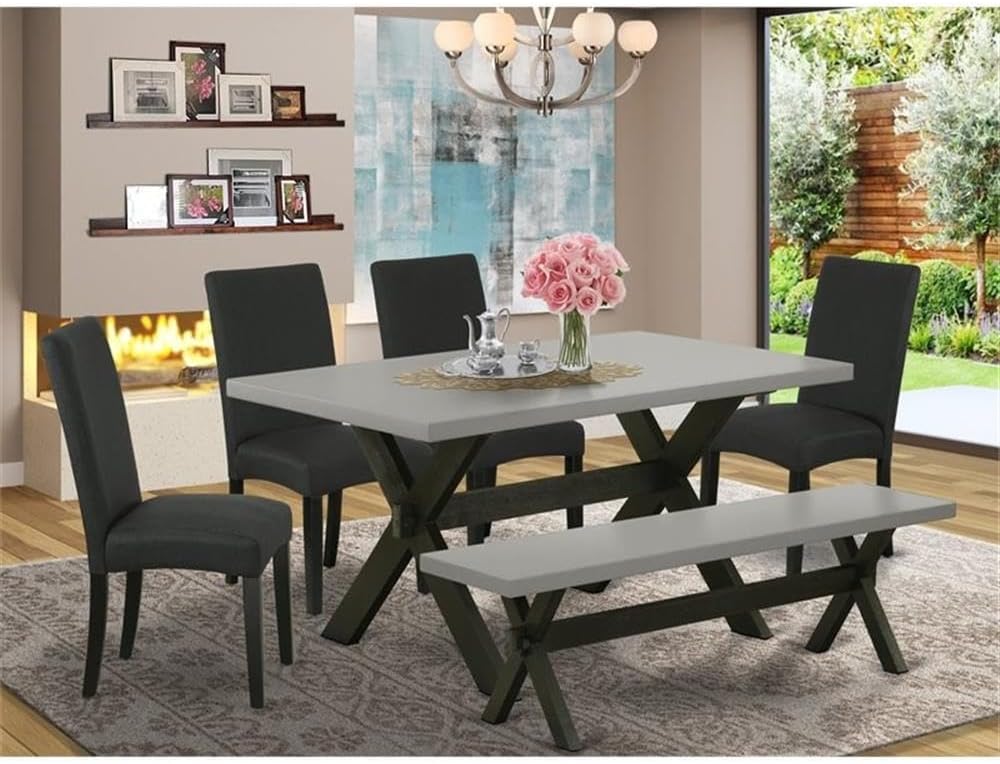 East West Furniture X696DR124-6 6 Piece Dining Set Contains a Rectangle Dining Room Table with X-Legs and 4 Black Color Linen Fabric Parson Chairs with a Bench, 36x60 Inch, Multi-Color