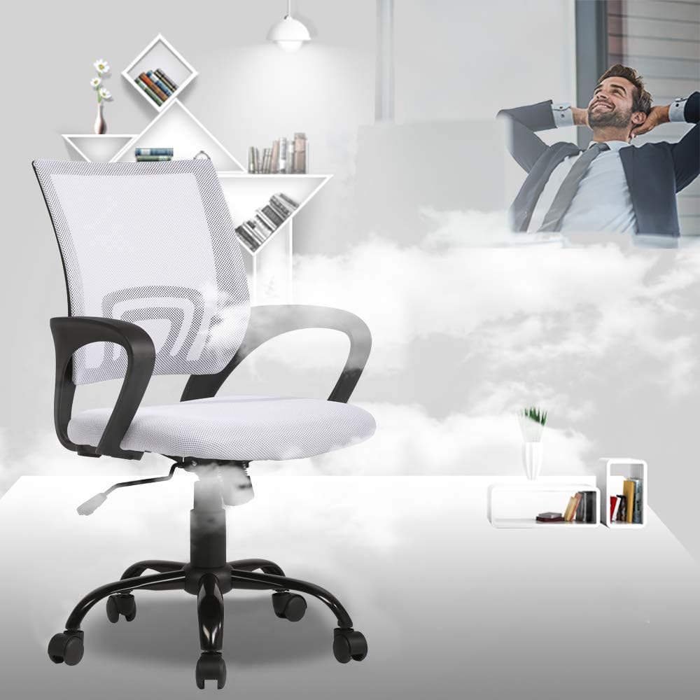 Office Chair Mid Back Desk Chair1 Ergonomic Mesh Computer Gaming with Larger Seat, Executive Height Adjustable Swivel Task with Lumbar Support Armrest for Women Adults Women, Men White