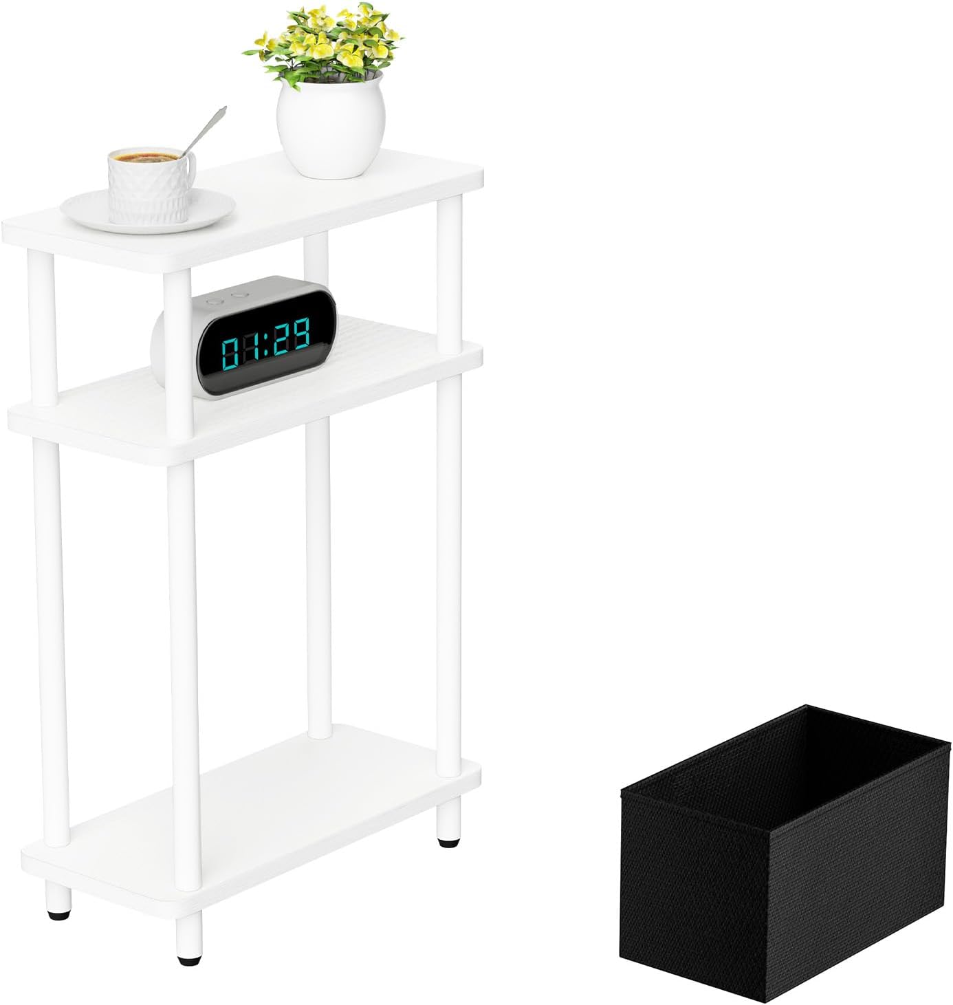Narrow Side Table with Fabric Basket, 7" Wide, 3 Tier Skinny End Table with Wood Legs, Slim Nightstand/Bedside Table for Small Spaces, with Adjustable Feet, 15.7" L x 23" H, White