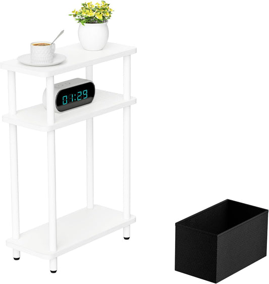 Narrow Side Table with Fabric Basket, 7" Wide, 3 Tier Skinny End Table with Wood Legs, Slim Nightstand/Bedside Table for Small Spaces, with Adjustable Feet, 15.7" L x 23" H, White