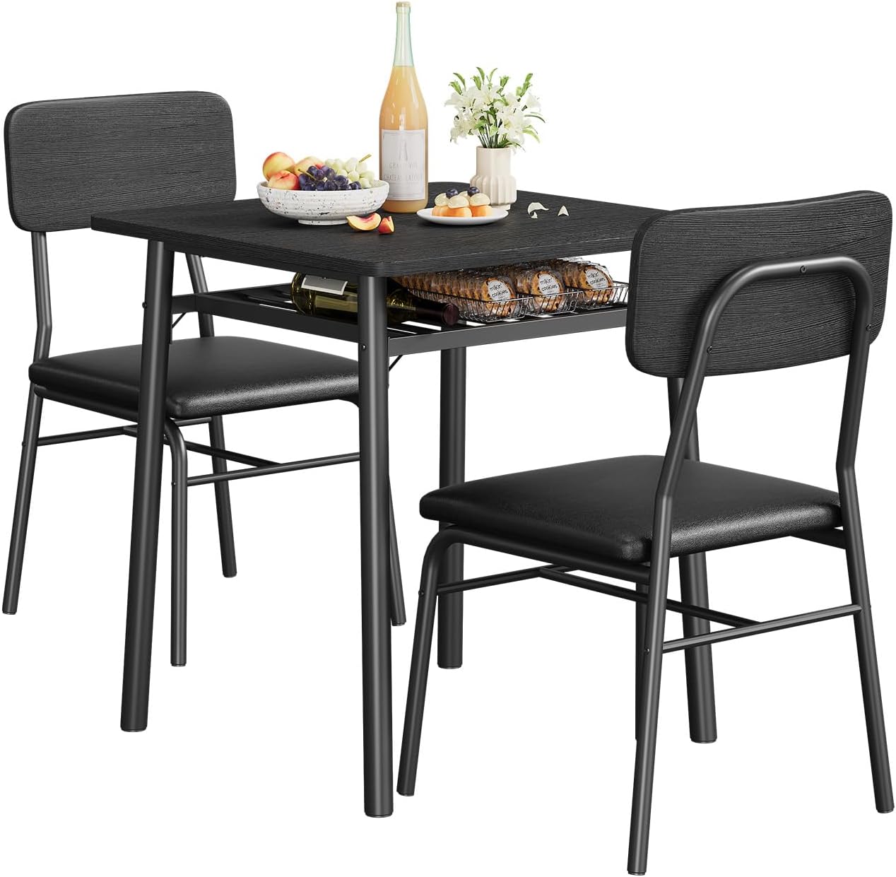 3-Piece Dining Table Set for 2, Wood Kitchen Table Set with Built-in Storage Rack,Small Kitchen Table with Upholstered Chairs and Metal Frame for Small Spaces，Black Wood Grain Color