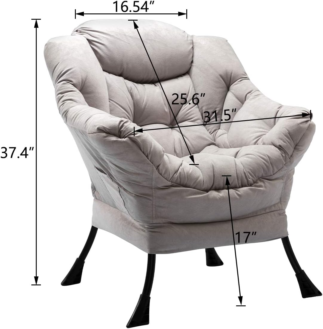 HollyHOME Modern Large Cotton Fabric Lazy Chair，Accent Contemporary Lounge Chair, Single Steel Frame Leisure Sofa Chair with Armrests and A Side Pocket, Grey