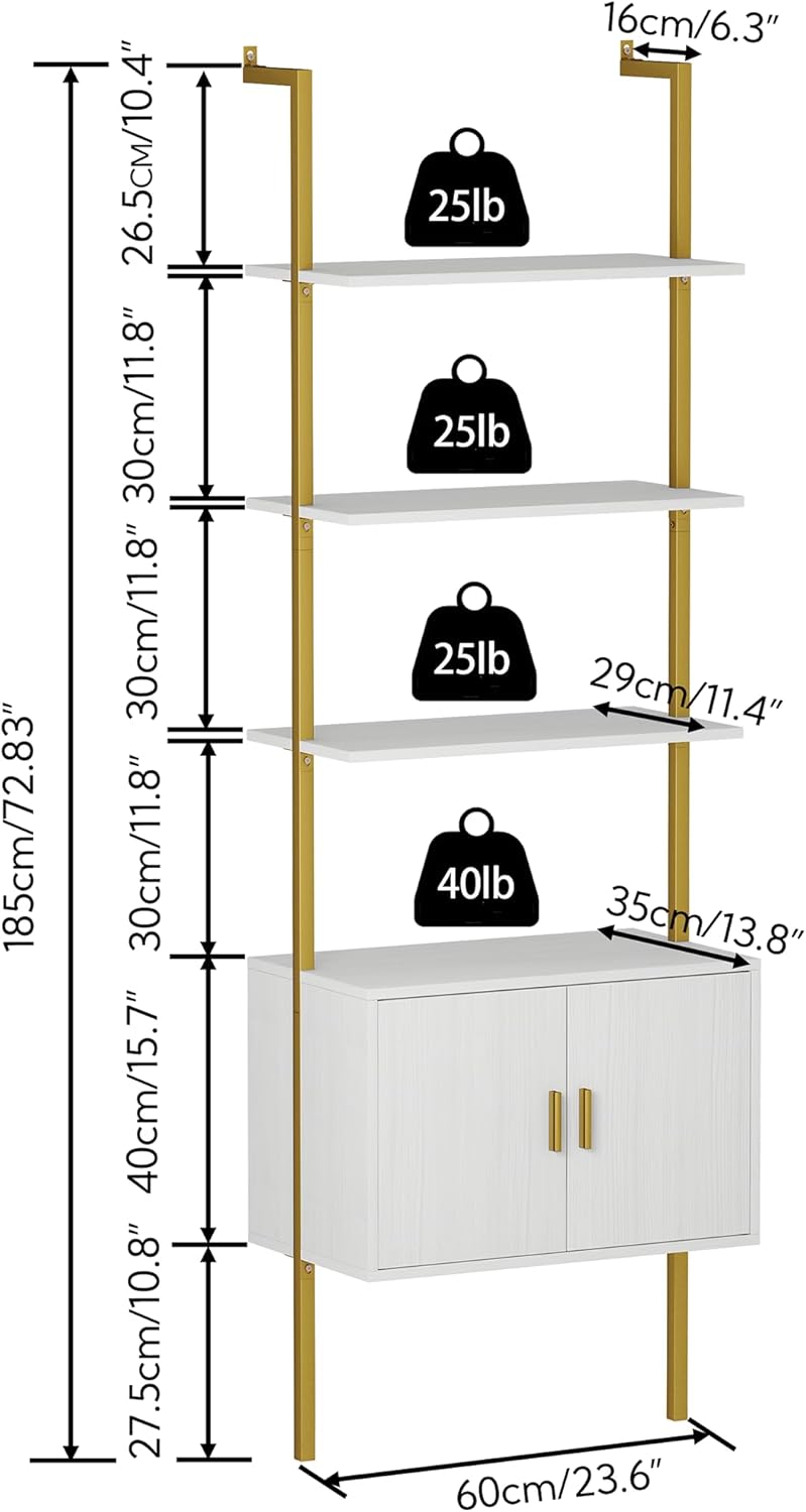Yusong 73" Tall Bookshelf with Cabinet, Industrial Ladder Wall Mount Shelf Bookcase with Wood and Metal Frame, Plant Shelf Wall Storage Display for Living Room Bedroom, White Gold