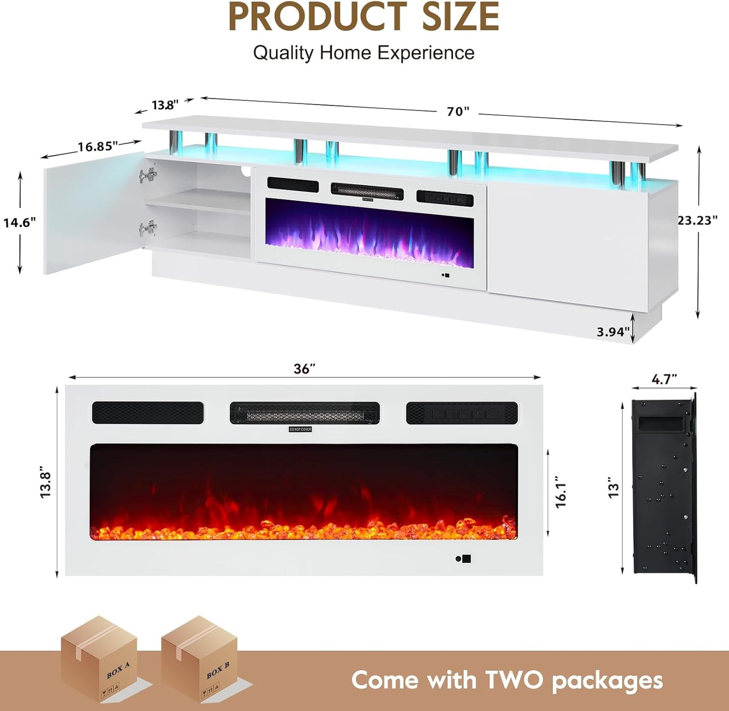 70" TV Stand for Living Room, Entertainment Center & Media Console with Storage, Fits TVs up to 80", Modern TV Cabinet with Shelves, 36" Electric Fireplace (All White)