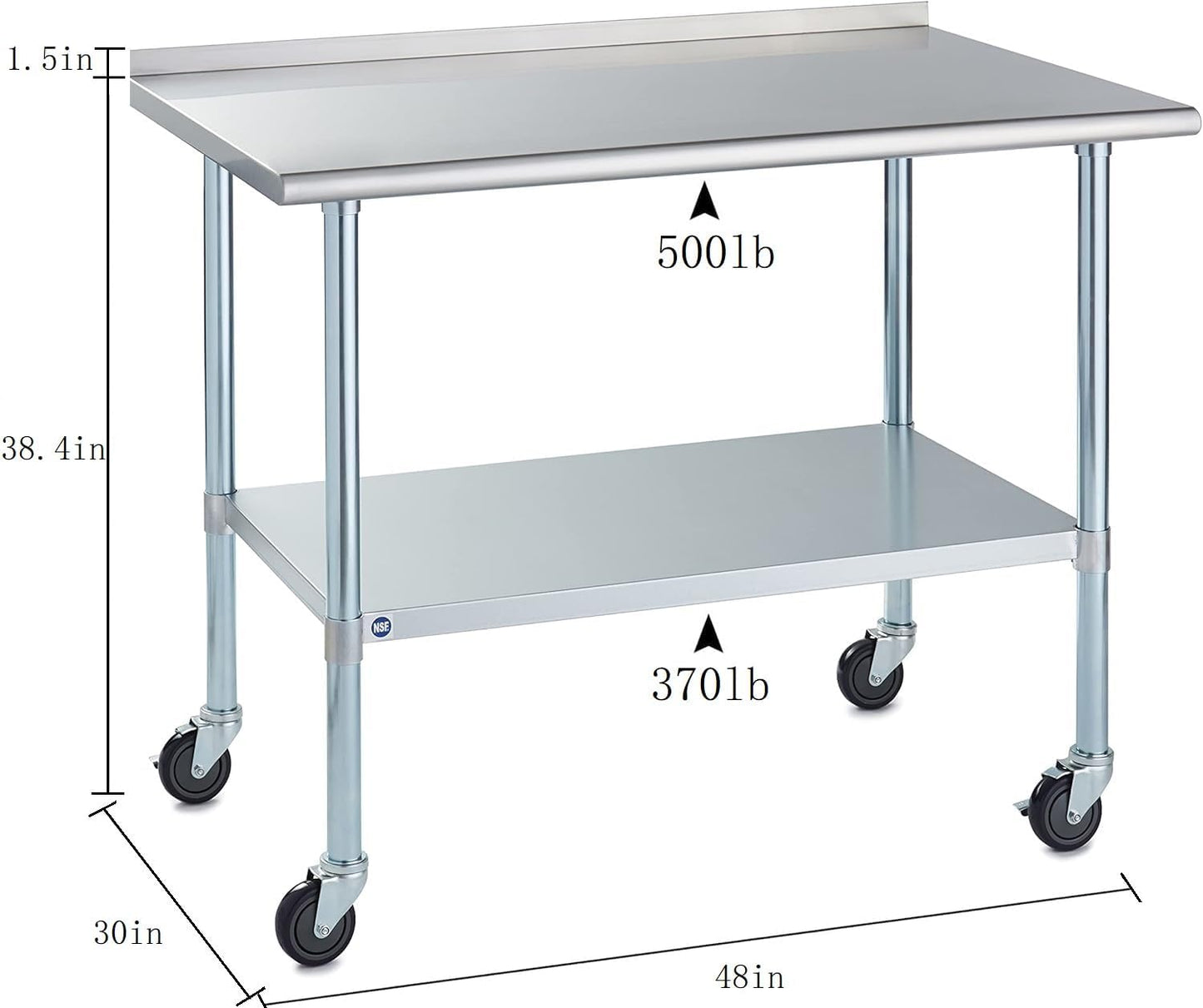 Stainless Steel Table for Prep & Work with Backsplash and Caster 30x48 Inches, NSF Metal Commercial Kitchen Table with Adjustable Under Shelf and Table Foot for Restaurant, Home and Hotel