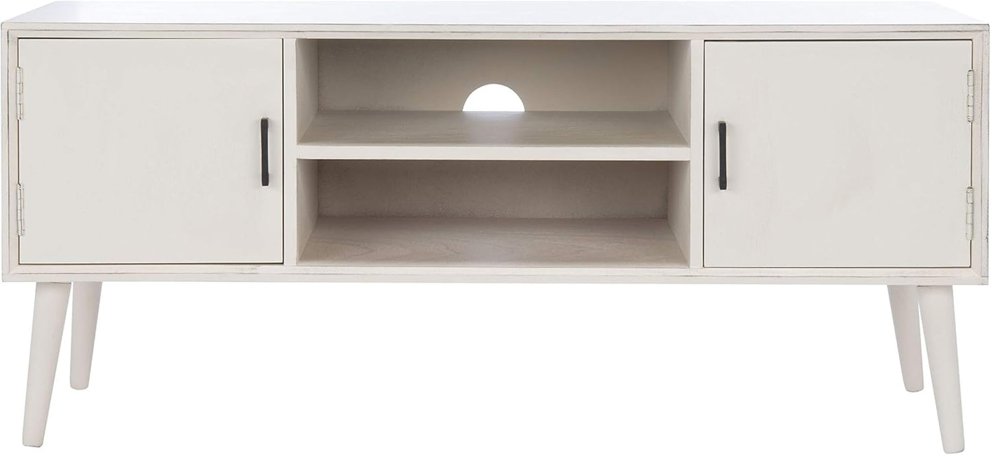 SAFAVIEH Sorrel TV Stand for up to 55" Flatscreen – Distressed White, 2 Doors with Interior Storage, 2 Open Shelves, Entertainment Media Console (MED5701A)